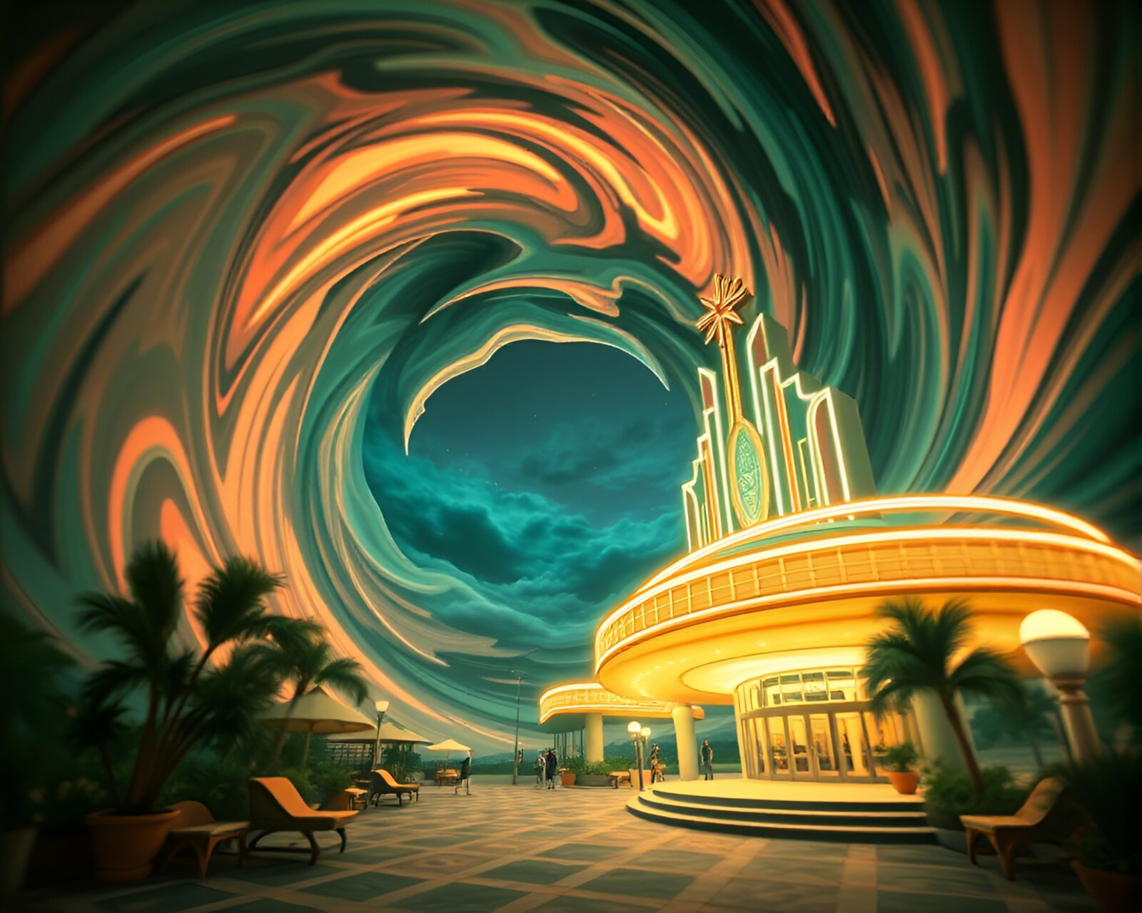 Vintage art deco hotel with colorful swirling vortex design.