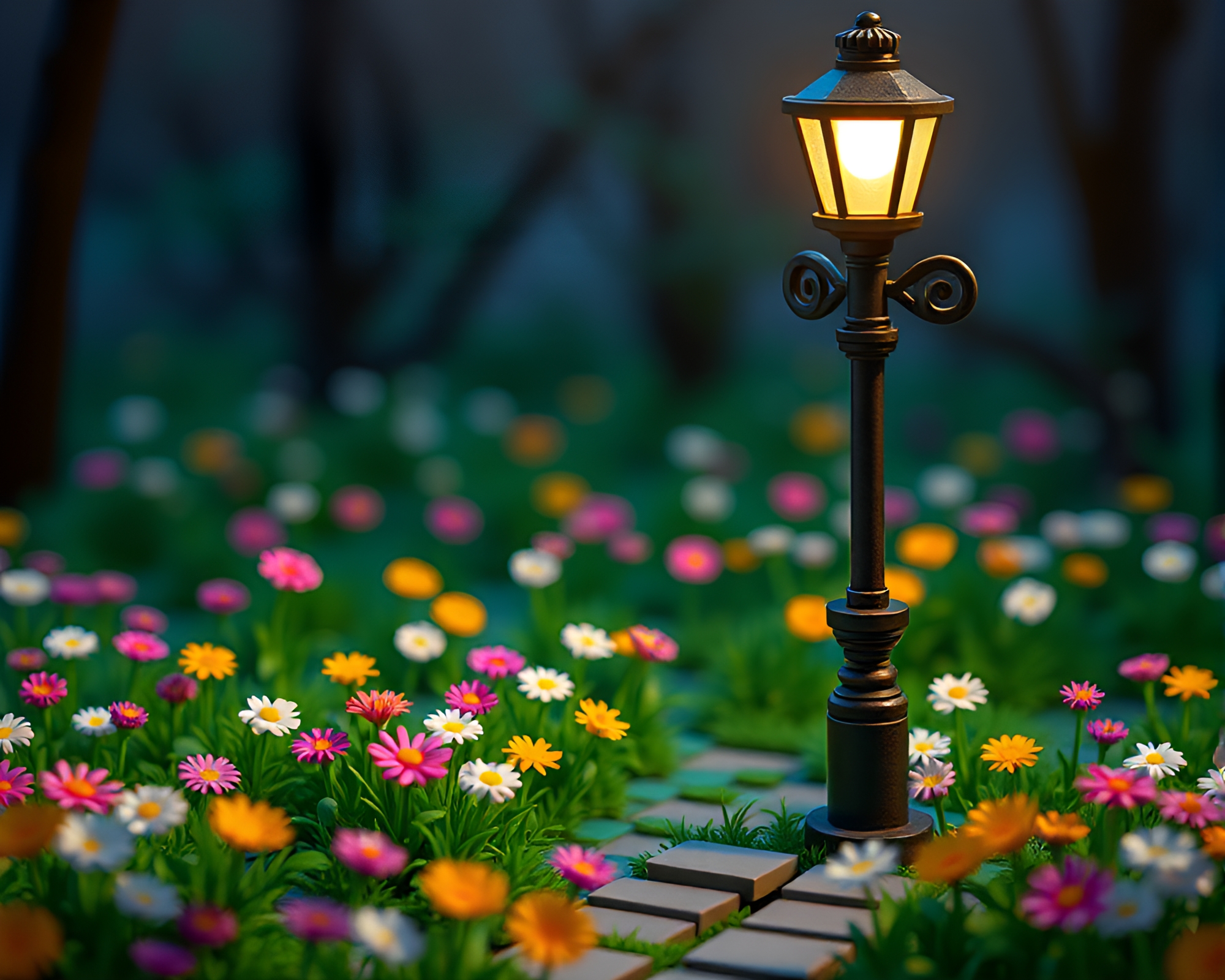 Voxel art meadow blooming under library lamp light – free AI stock image