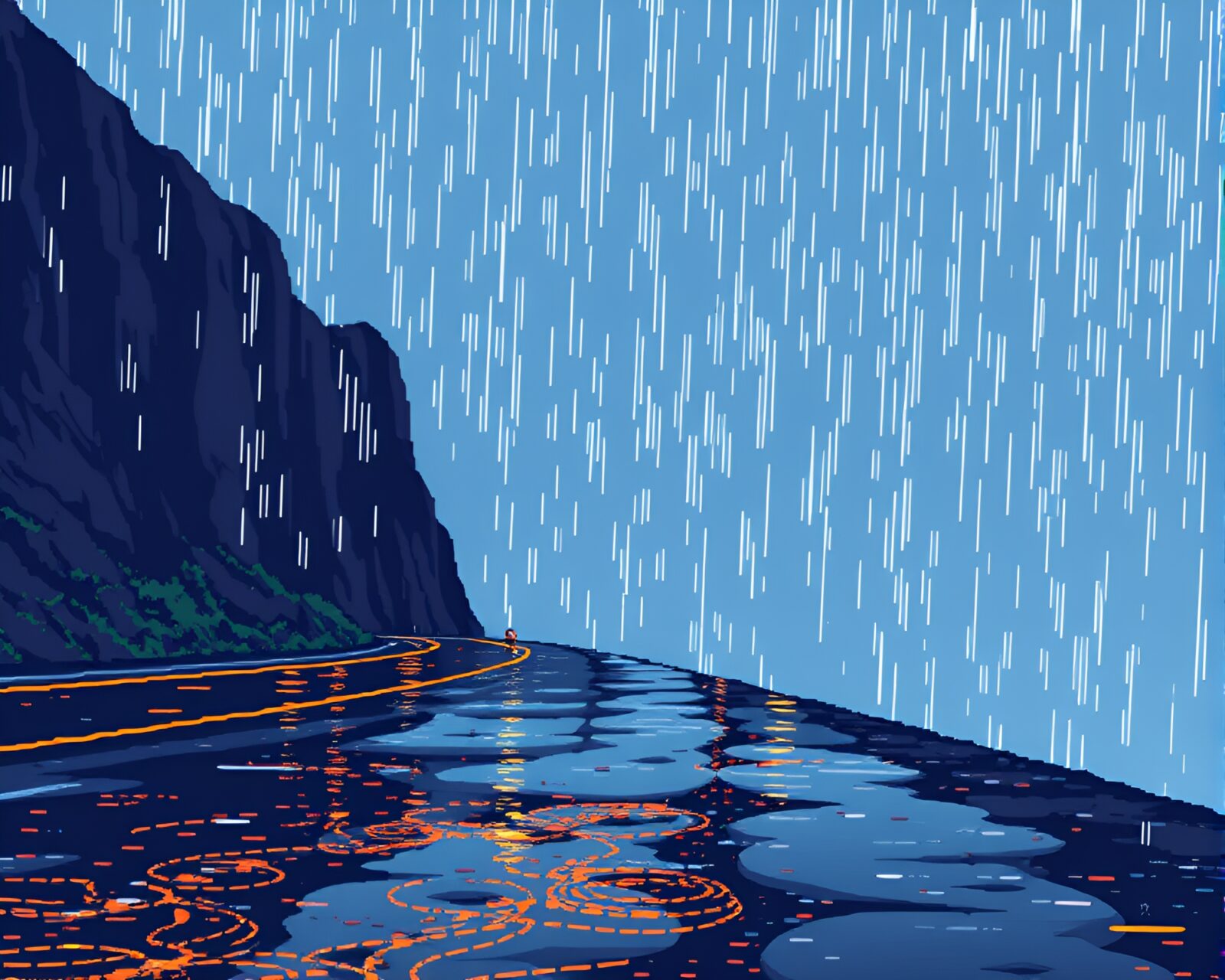 Digital art of cliff overlooking wet pixelated pavement
