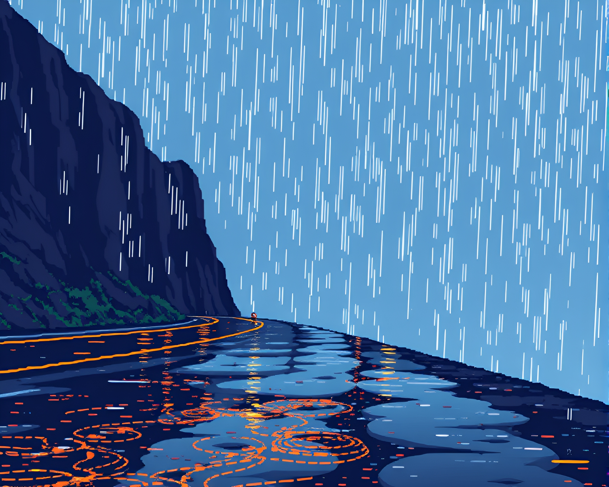 8-bit Cliff Scene with Pixelated Light on Wet Pavement – free AI stock image