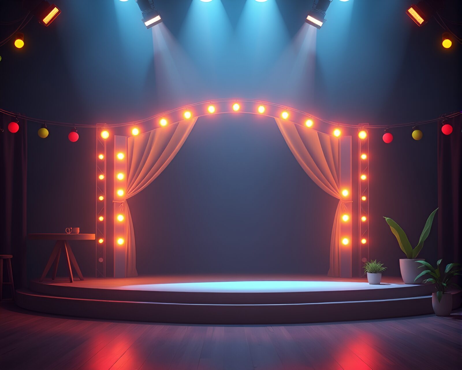 Vibrant taco stand bathed in stage spotlight with particle effects