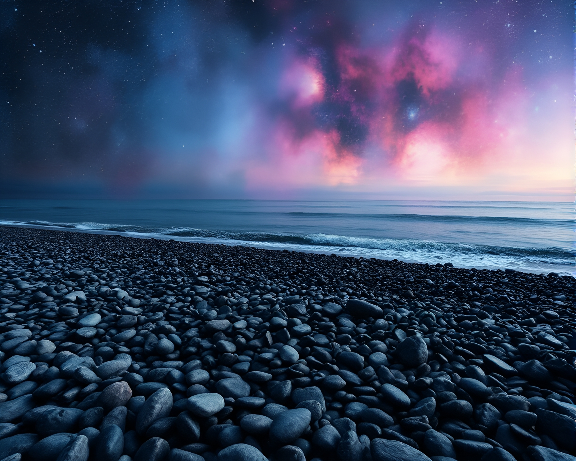 Charcoal strokes cosmic pebble beach glitch art – free AI stock image