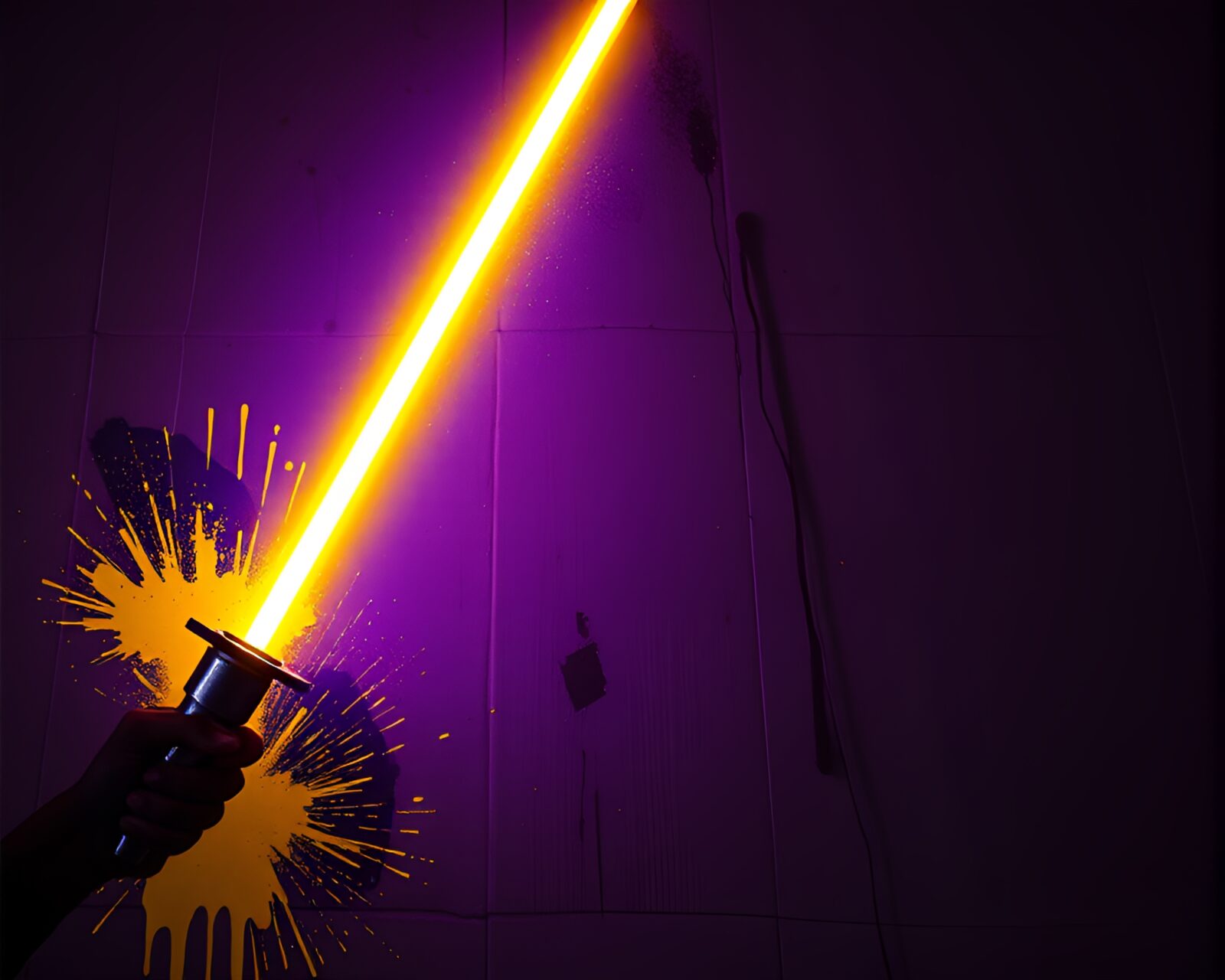 Neon yellow laser sword amidst colorful spray paint graffiti