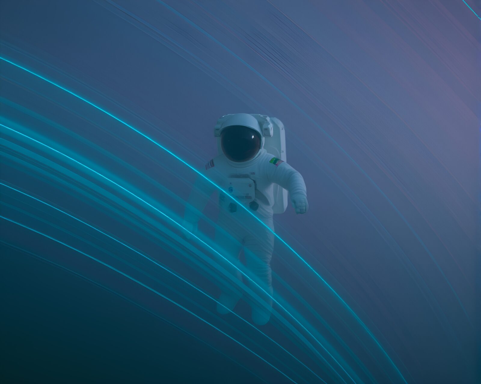 Surreal image of an astronaut in a calm turquoise atmosphere