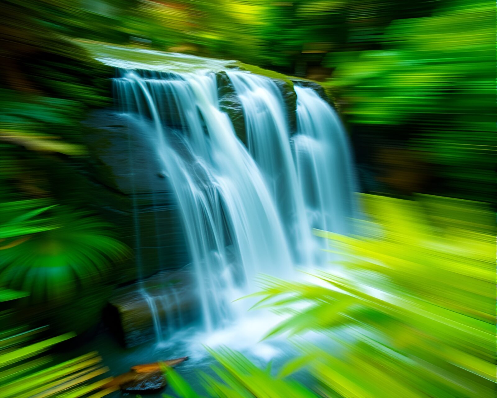 Vibrant waterfall with motion blur streaks and digital bloom