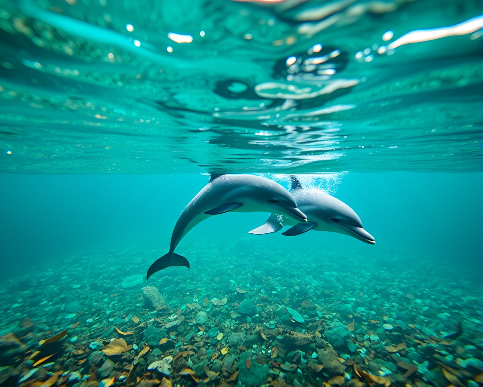 Shallow depth of field image showing a dolphin amidst leaf litter in calm turquoise sea