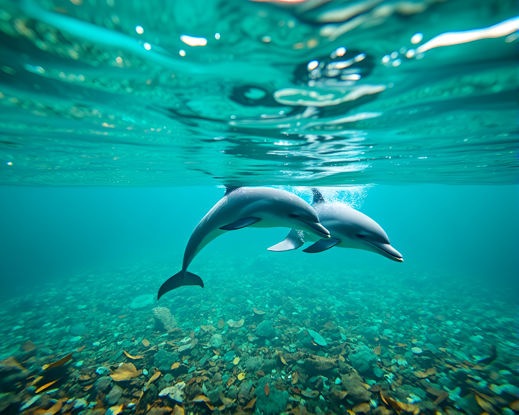 Dolphin swimming in tranquil turquoise waters among leaf litter – free AI stock image