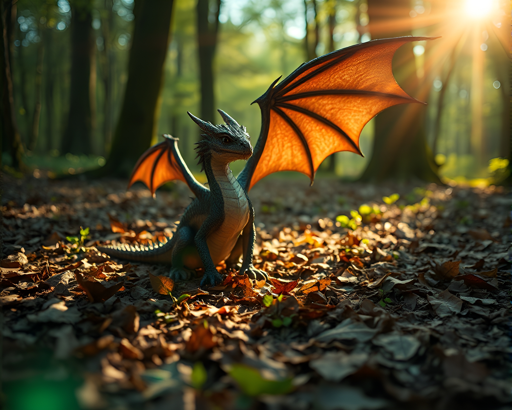 Enchanted Forest Green: Celestial Dragon Among Leaf Litter – free AI stock image