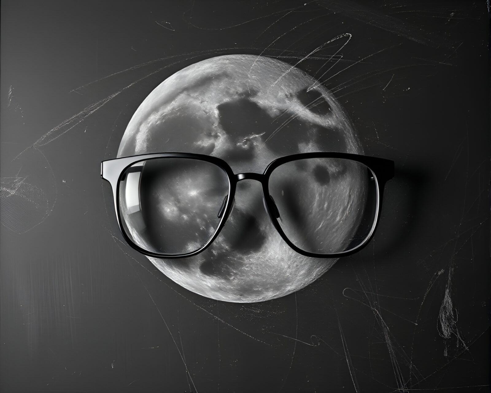 Augmented reality glasses in a lunar grayscale scene with chalkboard smudges