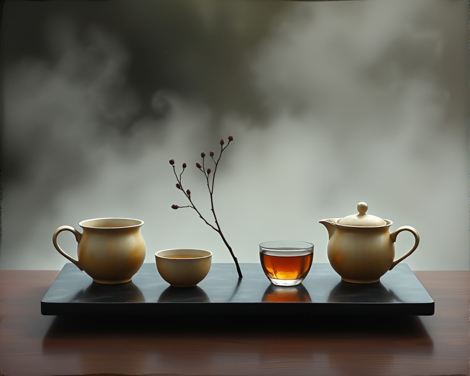 Encaustic painting of tea set in misty ambiance