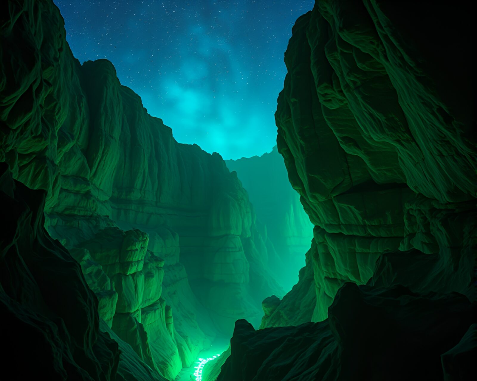 Vividly embroidered canyon glowing with bioluminescent hues at night