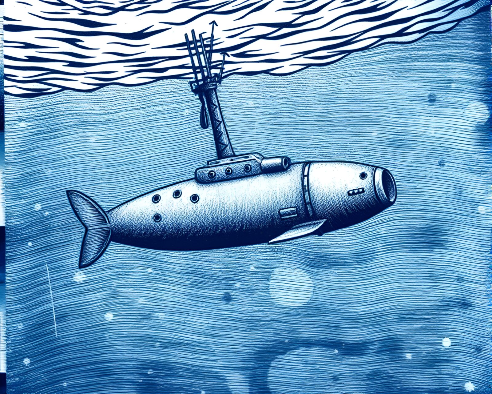 Detailed engraved submarine gliding in eerie blue ocean depths