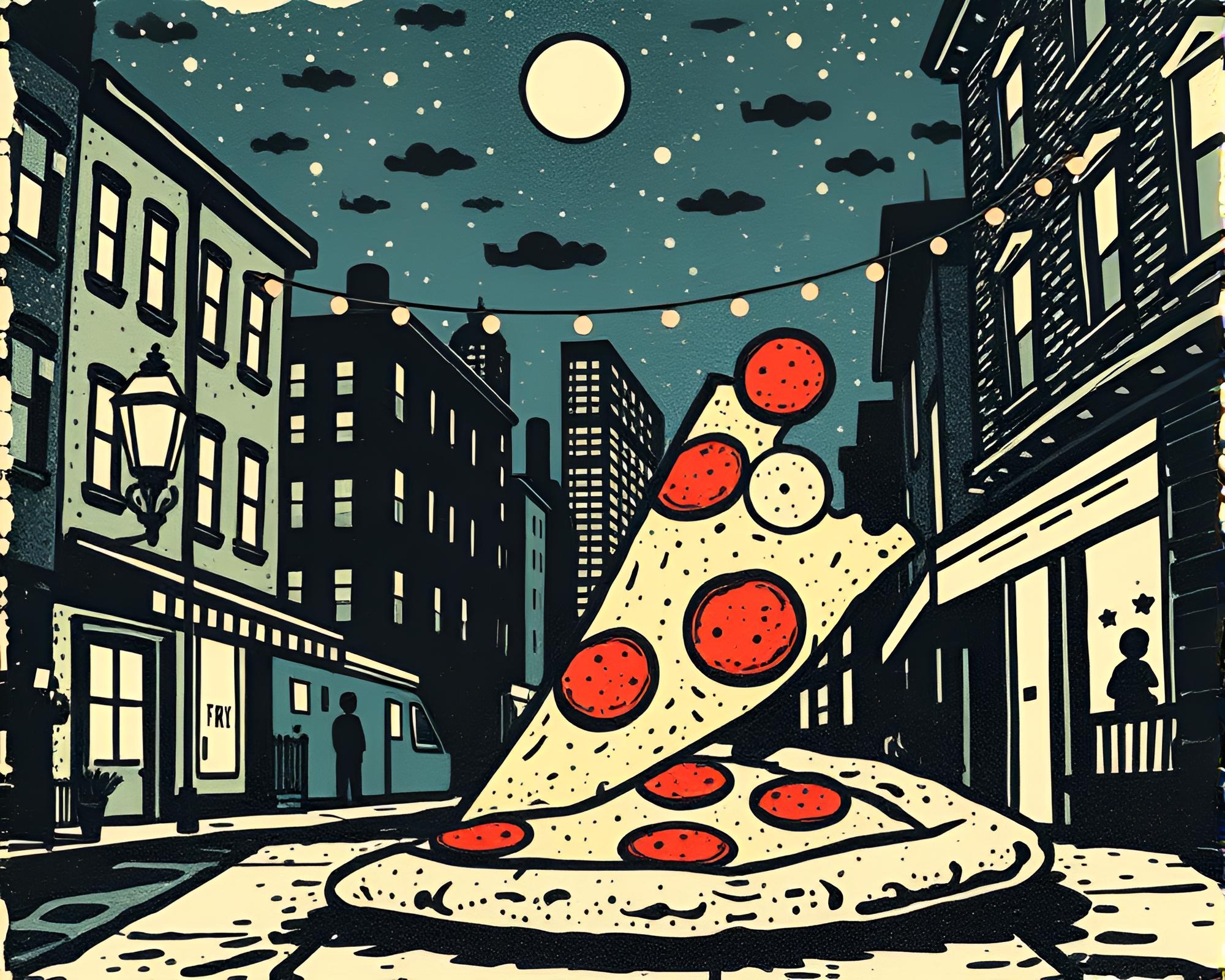 City Lights Pizza Slice Linocut Adventure – free AI stock image