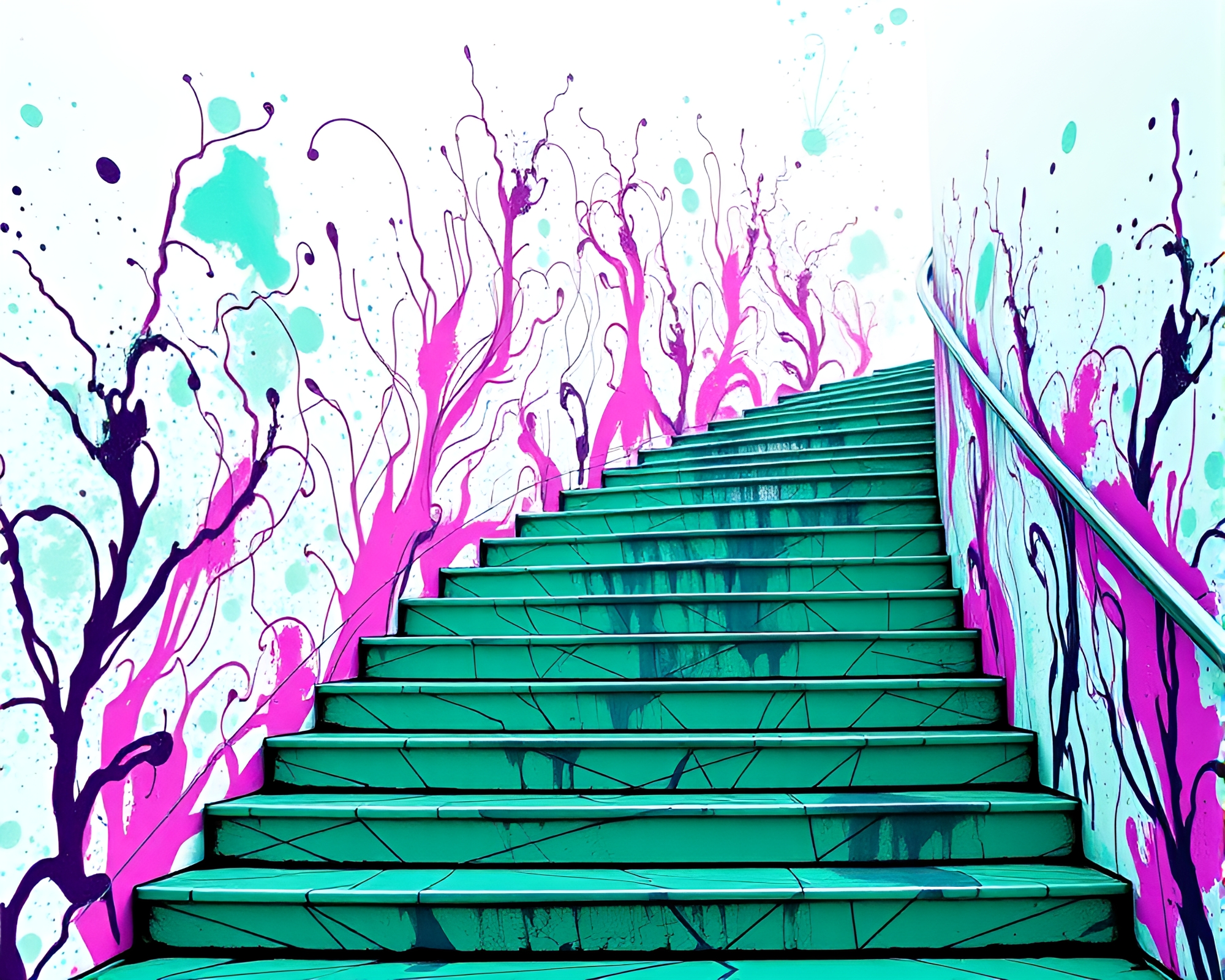 Mint Green Escher Staircase with Ink Splashes – free AI stock image