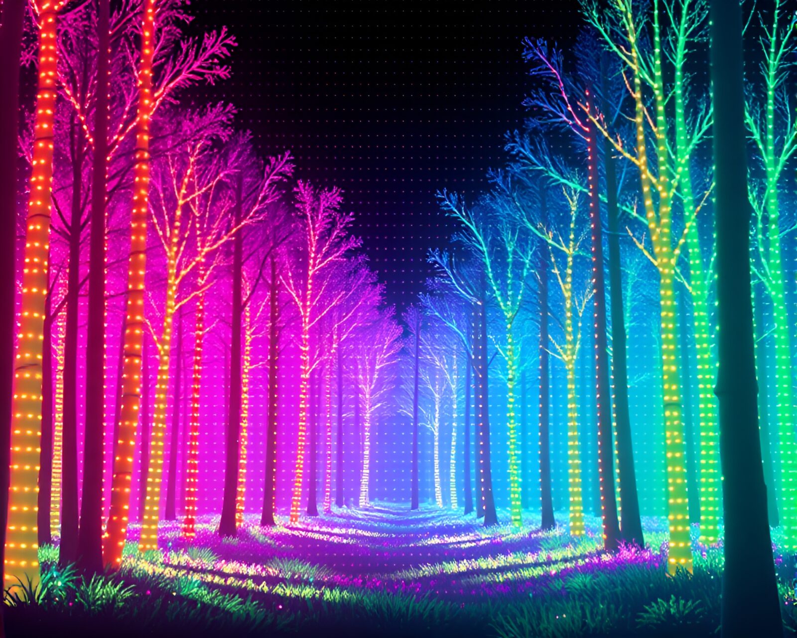 A surreal forest scene with pixelated LED lights.