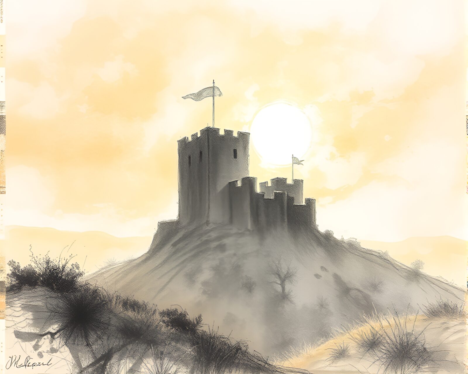Charcoal sketch of castle glowing in golden morning light