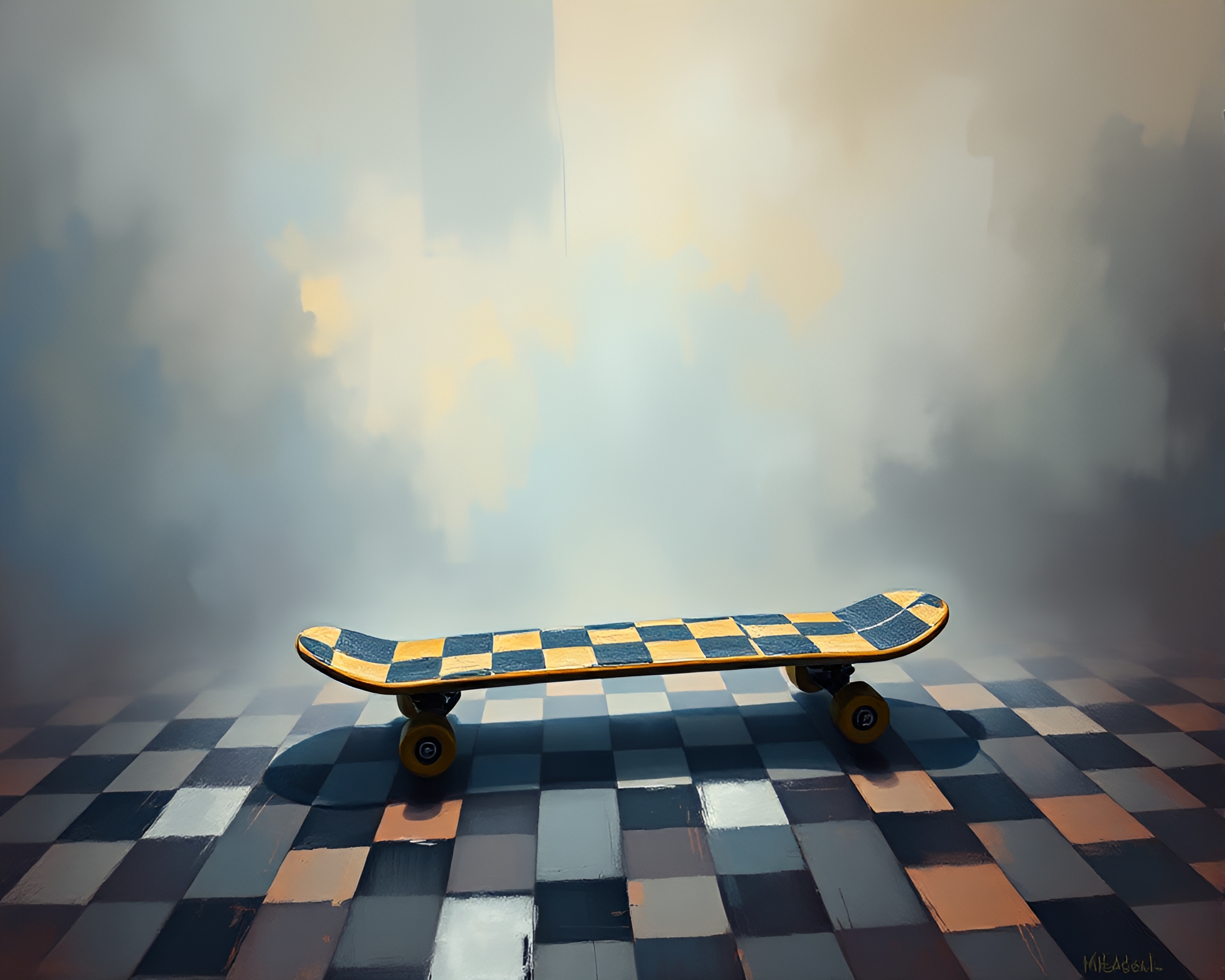 Checkered Hoverboard in Smoky Expressionist Painting – free AI stock image