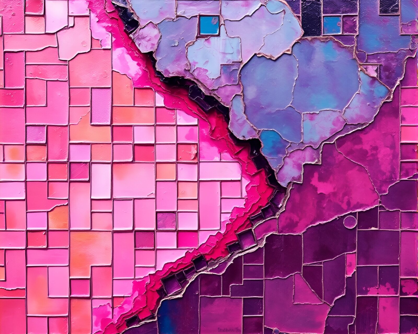 Magenta punch lighting unveils a dimensional rift mosaic tiling