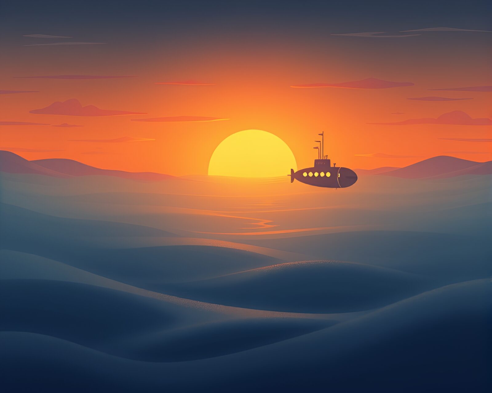Cartoon-style image of submarine in foggy underwater desert at sunset