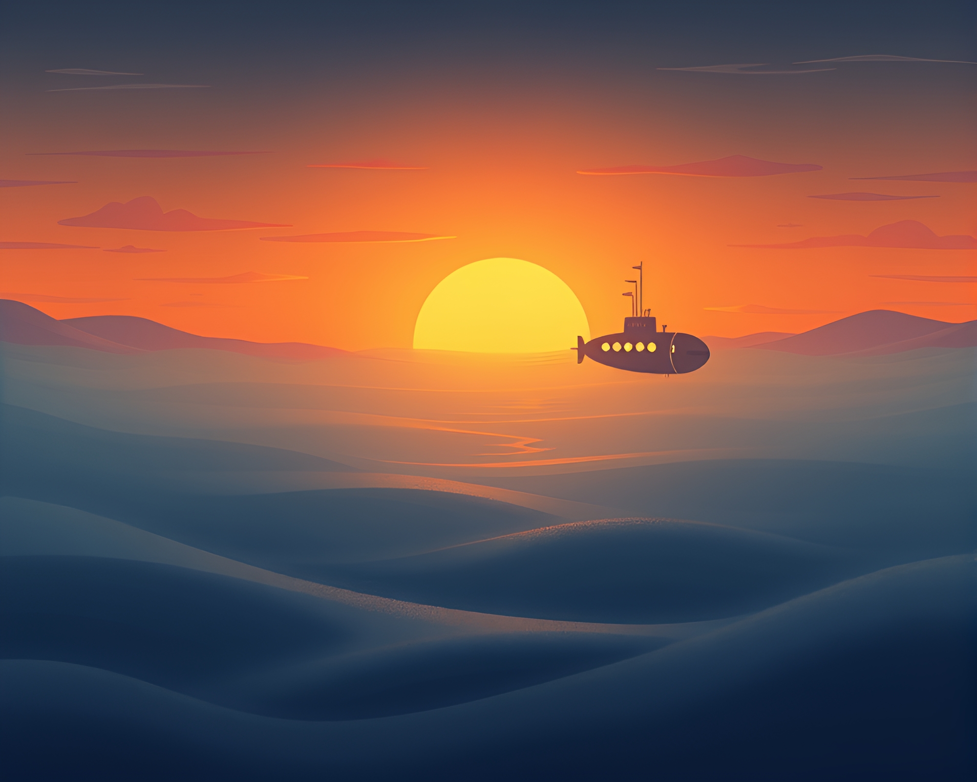 Submarine exploring foggy desert underwater at sunset – free AI stock image