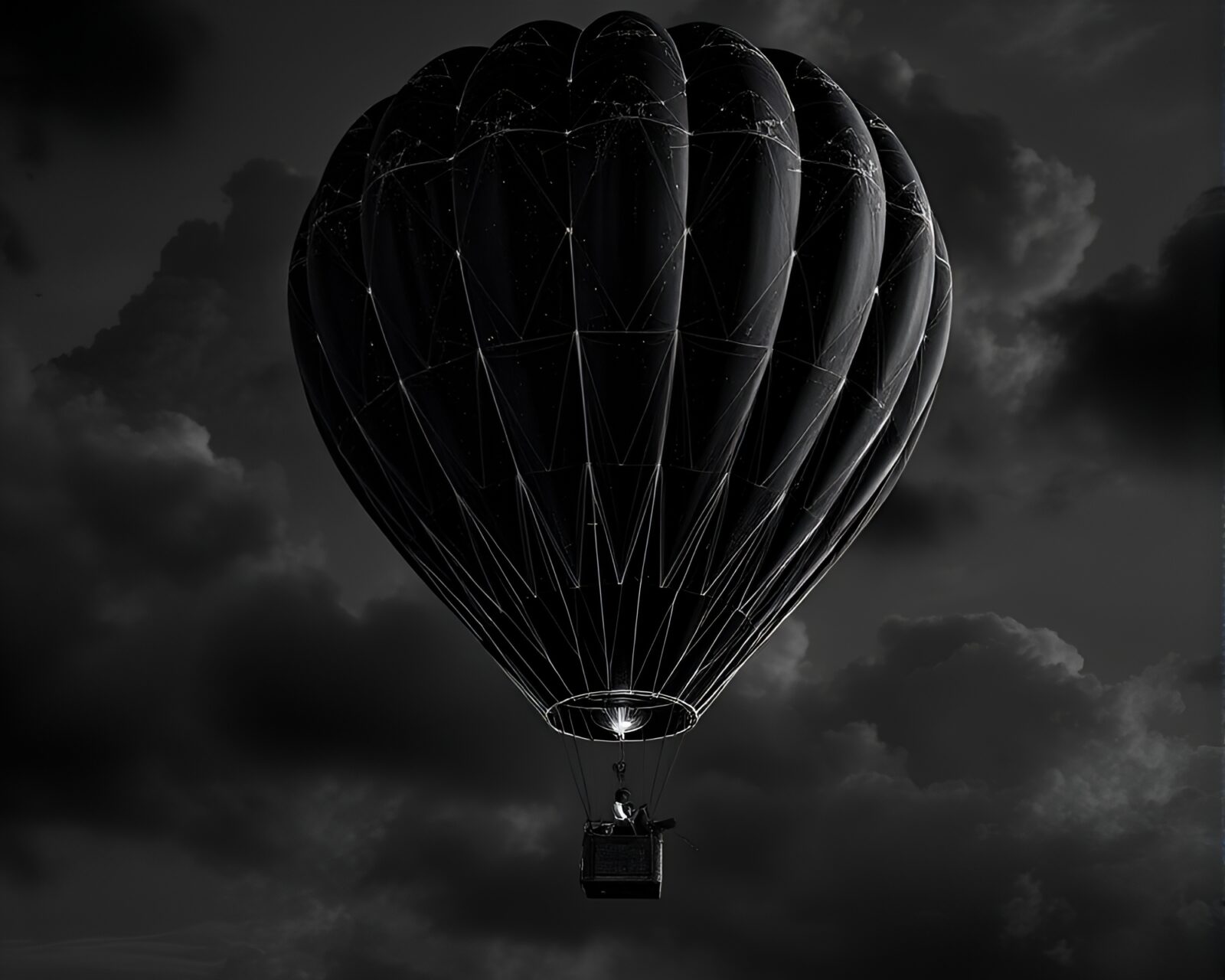 Majestic black hot air balloon against starry night sky