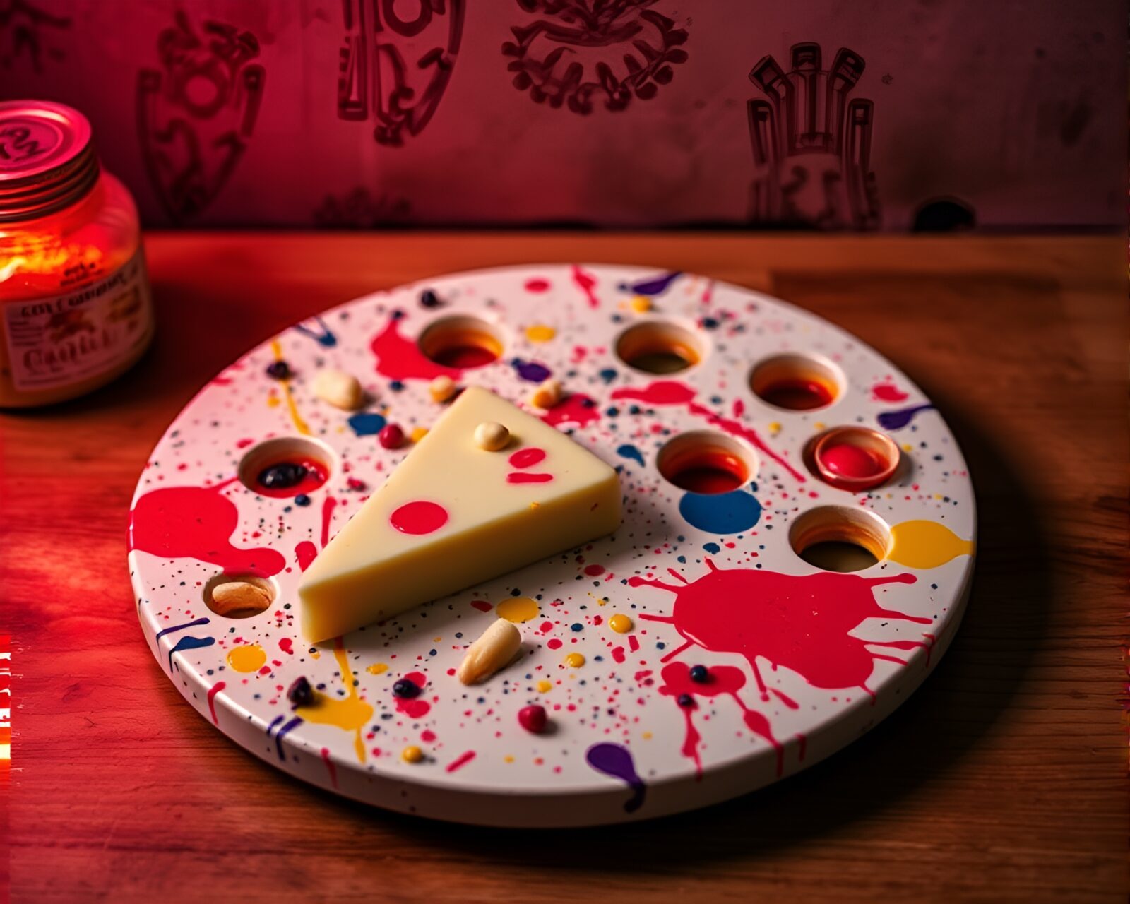 Vibrant neon-lit cheese platter amidst colorful paint splatters