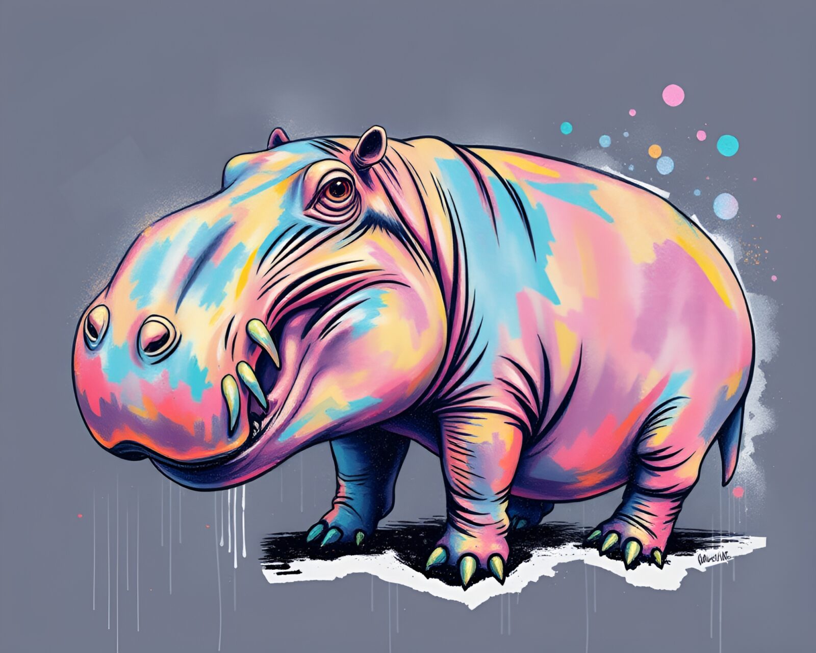 Pastel graffiti-style illustration of a futuristic holographic hippopotamus with torn edges