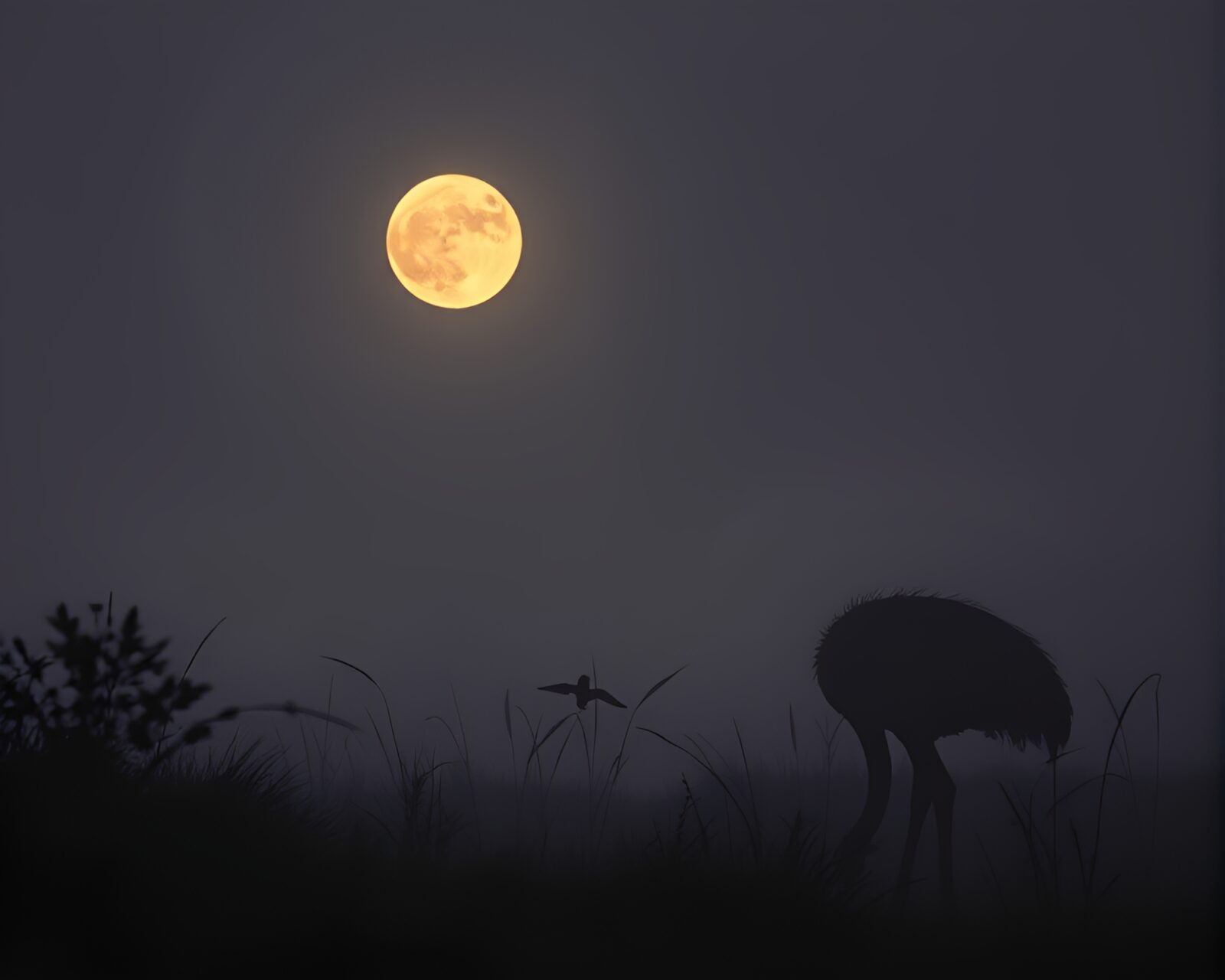 Intriguing low light photo of ostrich in woodblock haze