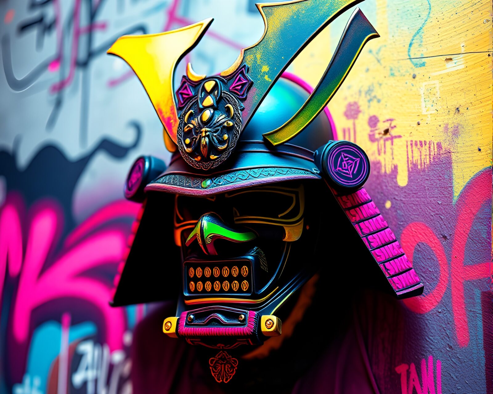 Colorful subsurface scattering art of samurai helmet graffiti