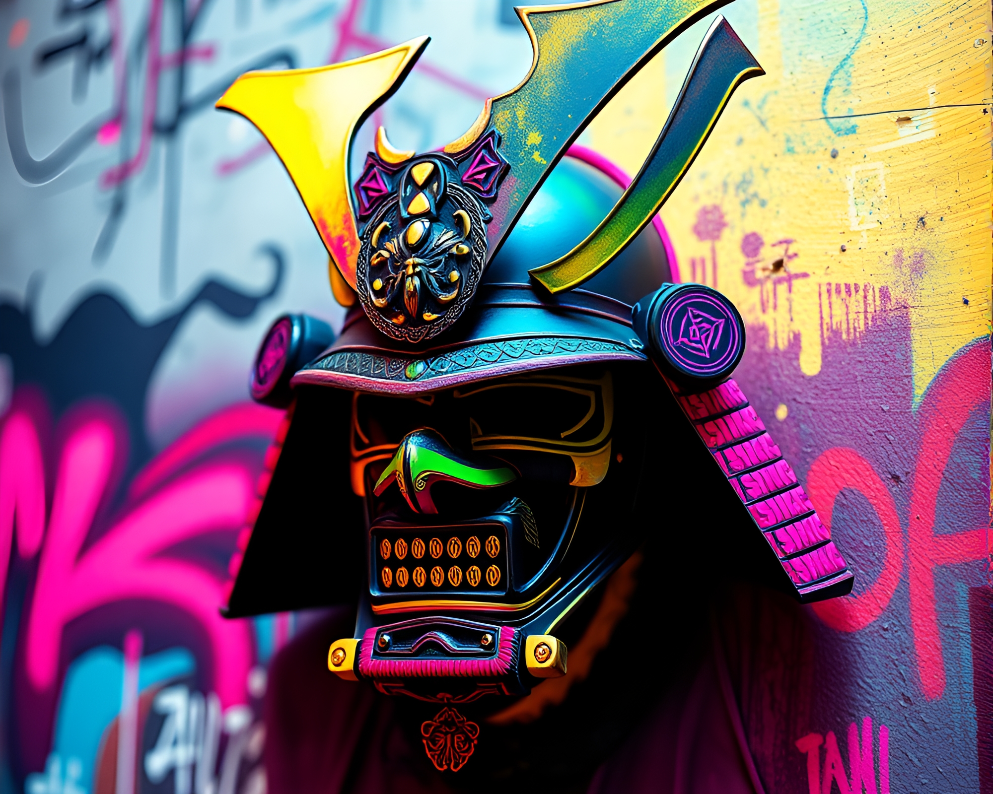 Samurai helmet mural in vibrant neon colors – free AI stock image