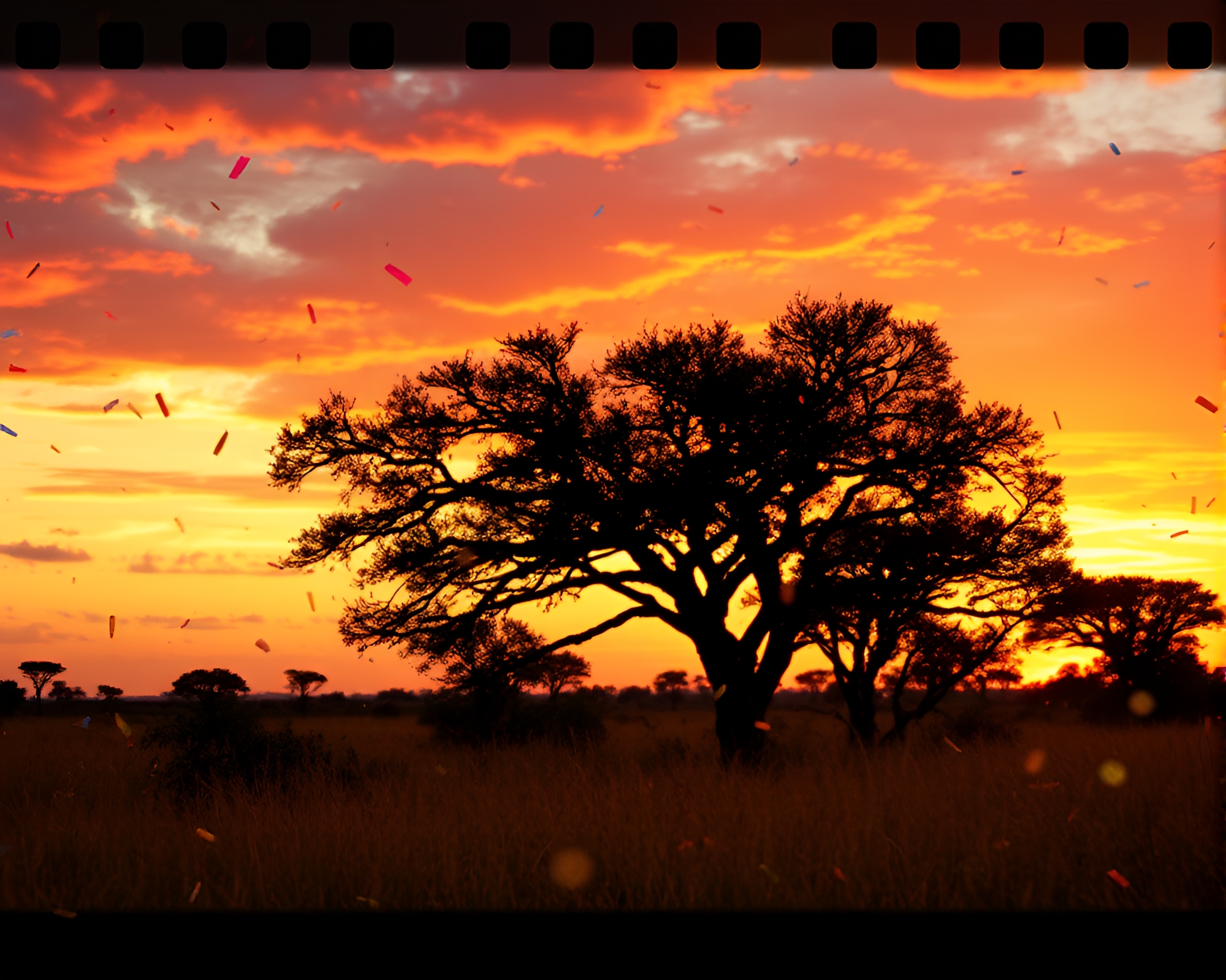 Savanna Sunset Revealed: Mildew Spots Confetti Film Reel – free AI stock image