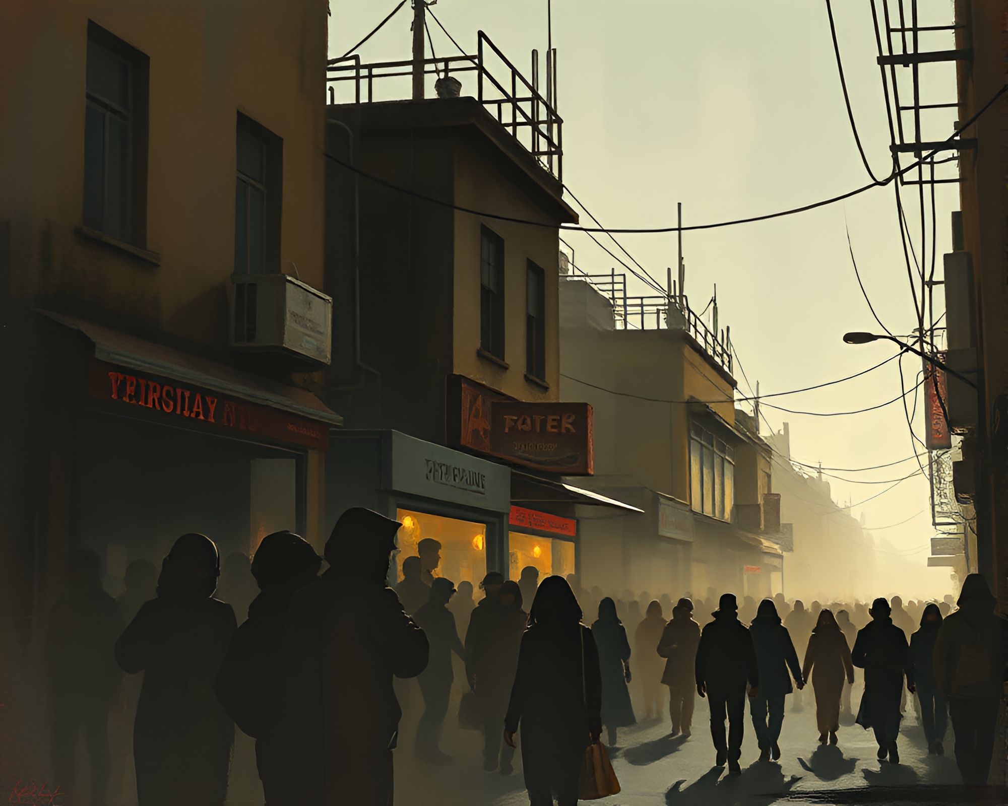 Cyberpunk Alley Crowd Silhouette Muted Earth Tones Gouache Painting – free AI stock image