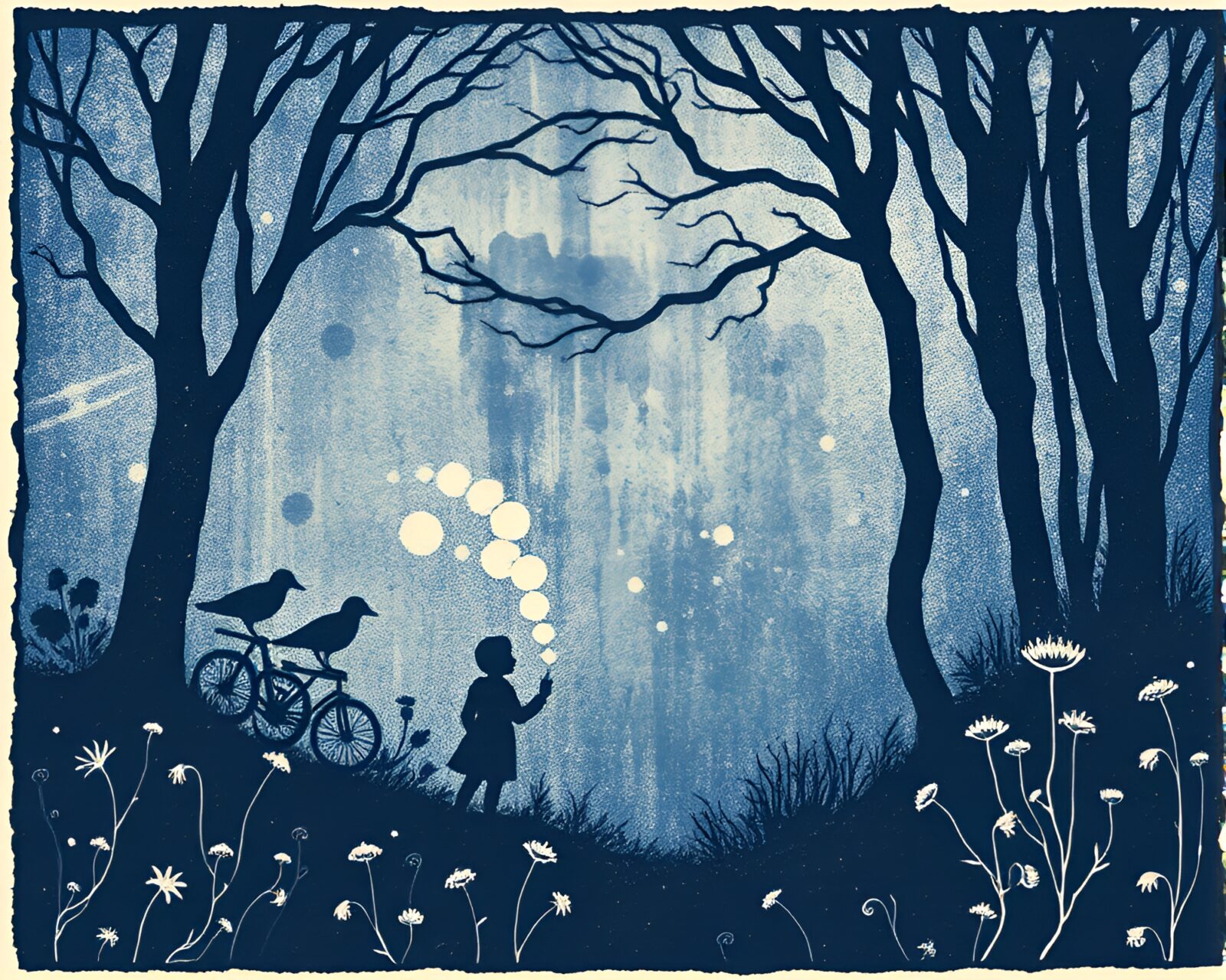 Enchanting fairy with intricate linocut details in deep blue