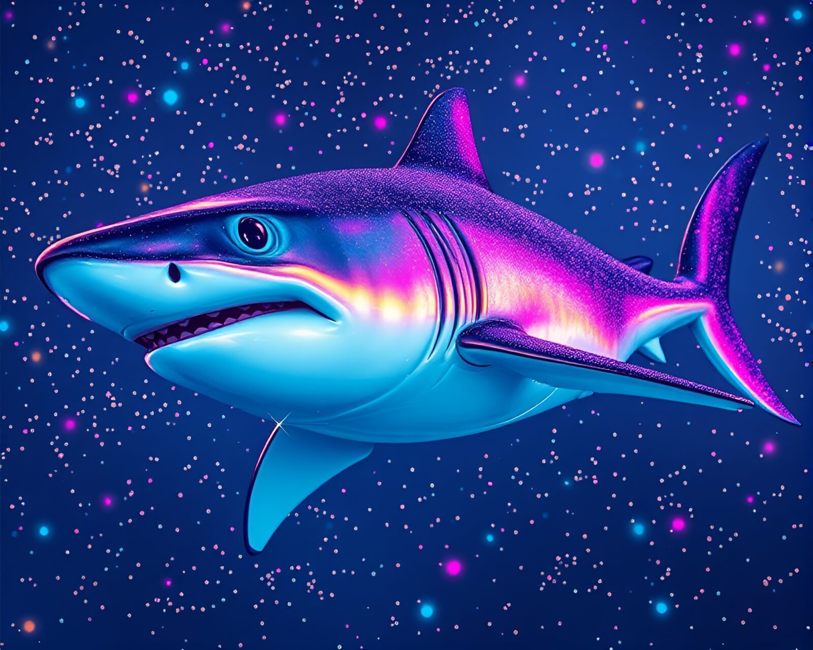 Futuristic shark swimming in holographic retrowave sea
