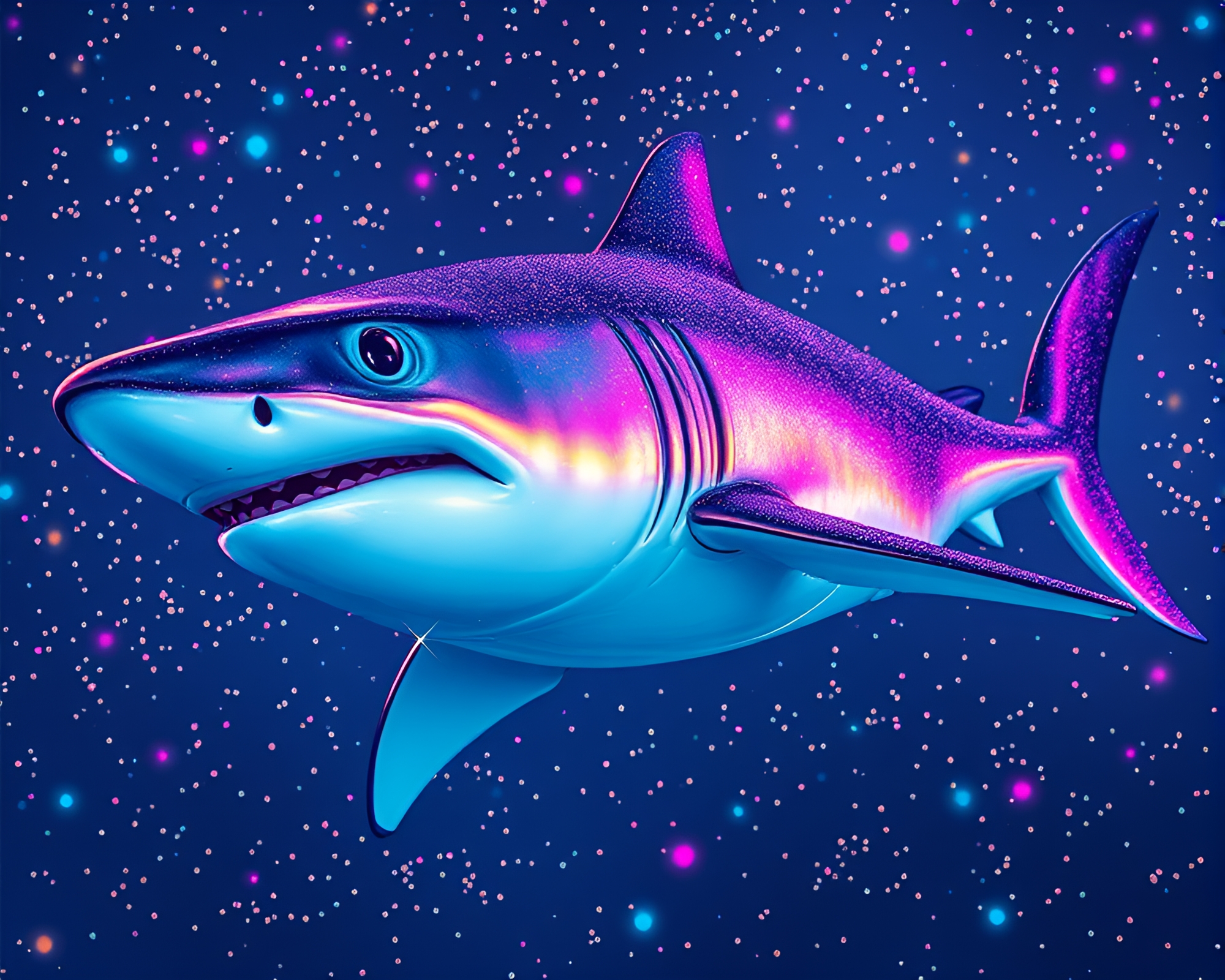Shark hologram in retrowave ocean – free AI stock image