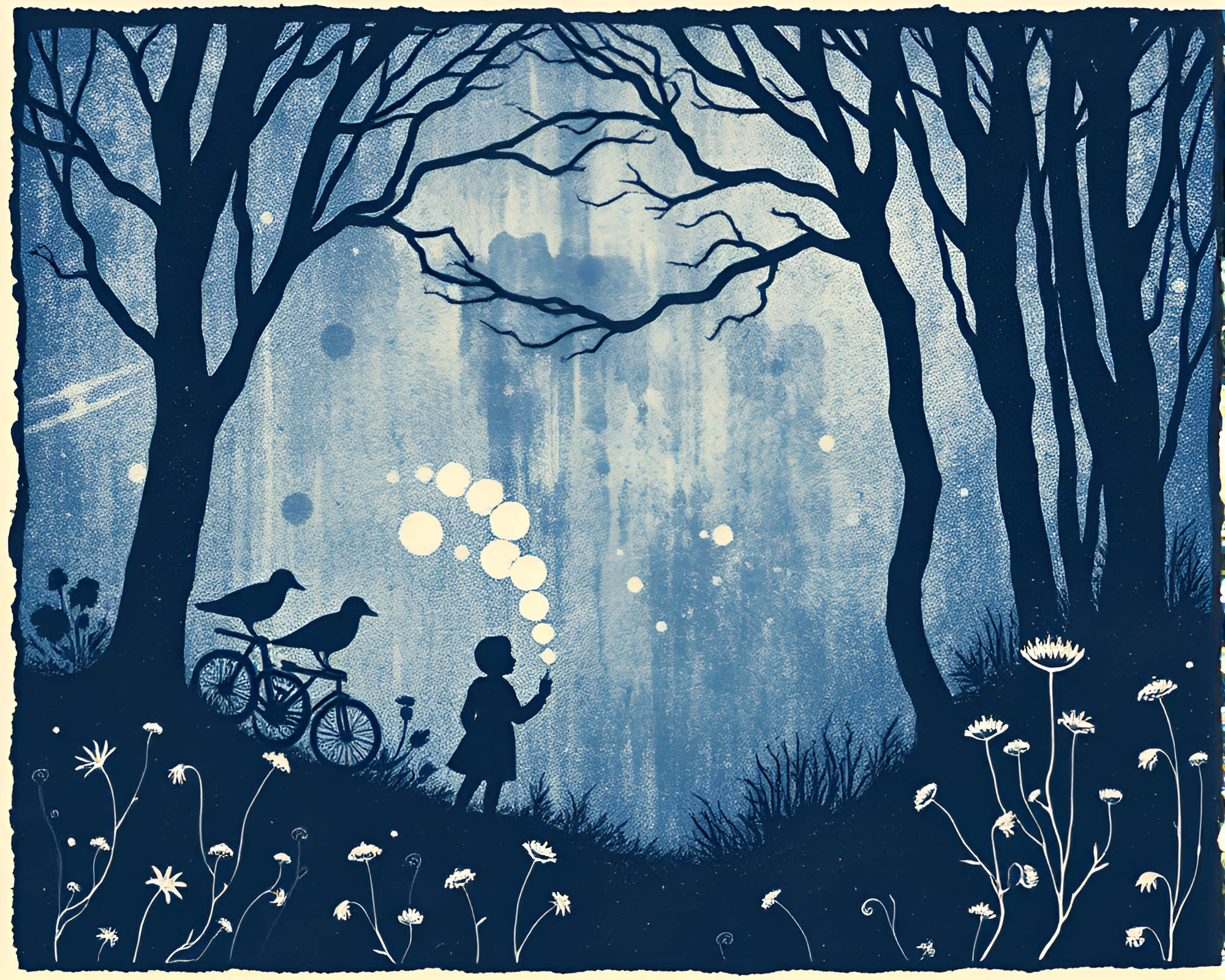 Mystical Fairy Woodcut in Indigo Linocut Texture – free AI stock image