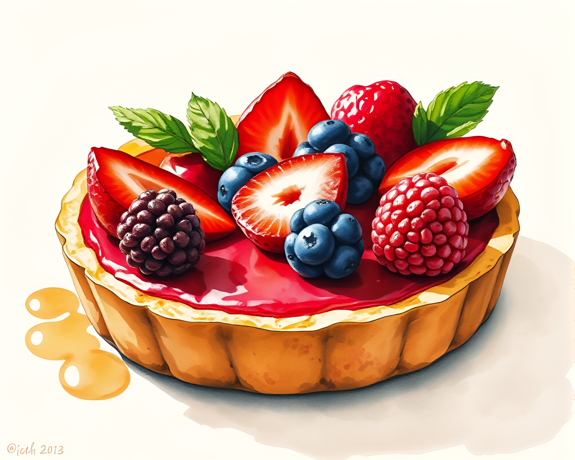 Elegant Sumi-e Style Fruit Tart Composition – free AI stock image