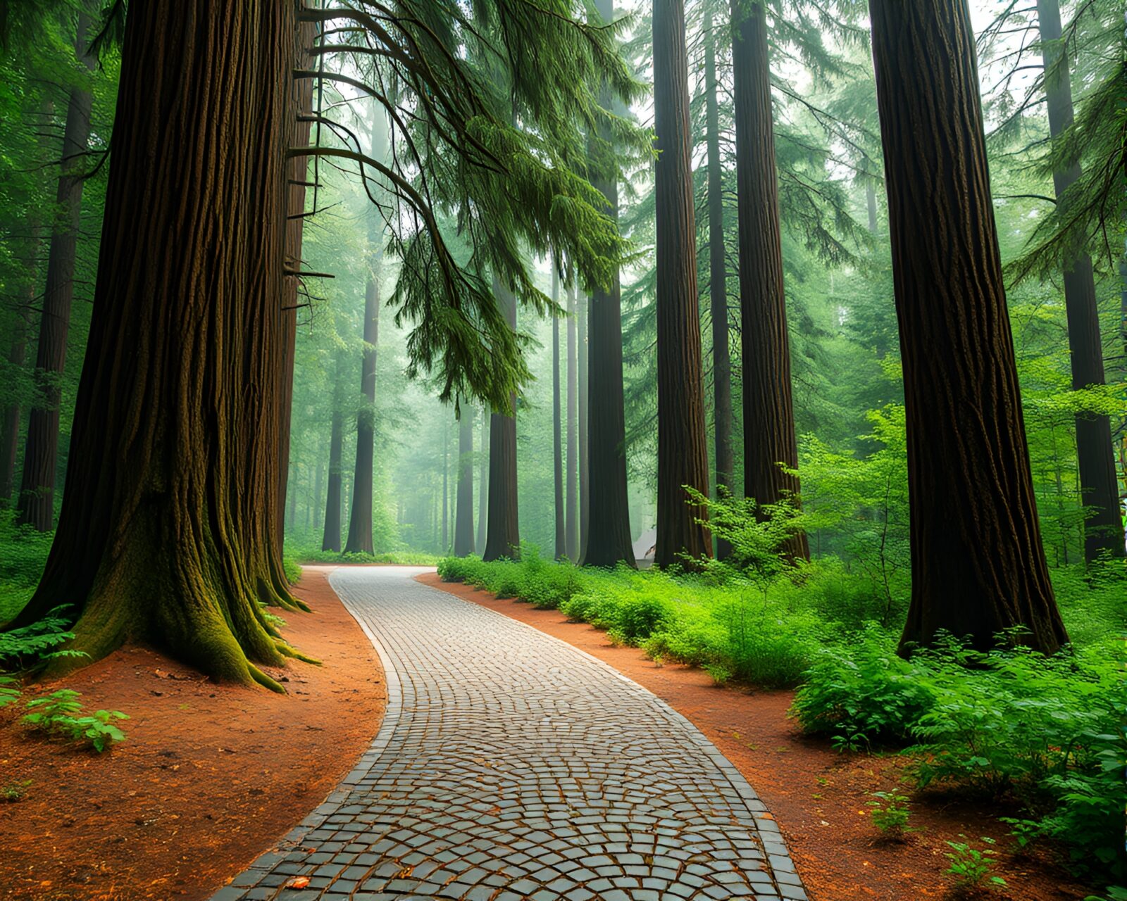 Lush green rainforest with algorithmic art style redwood tree