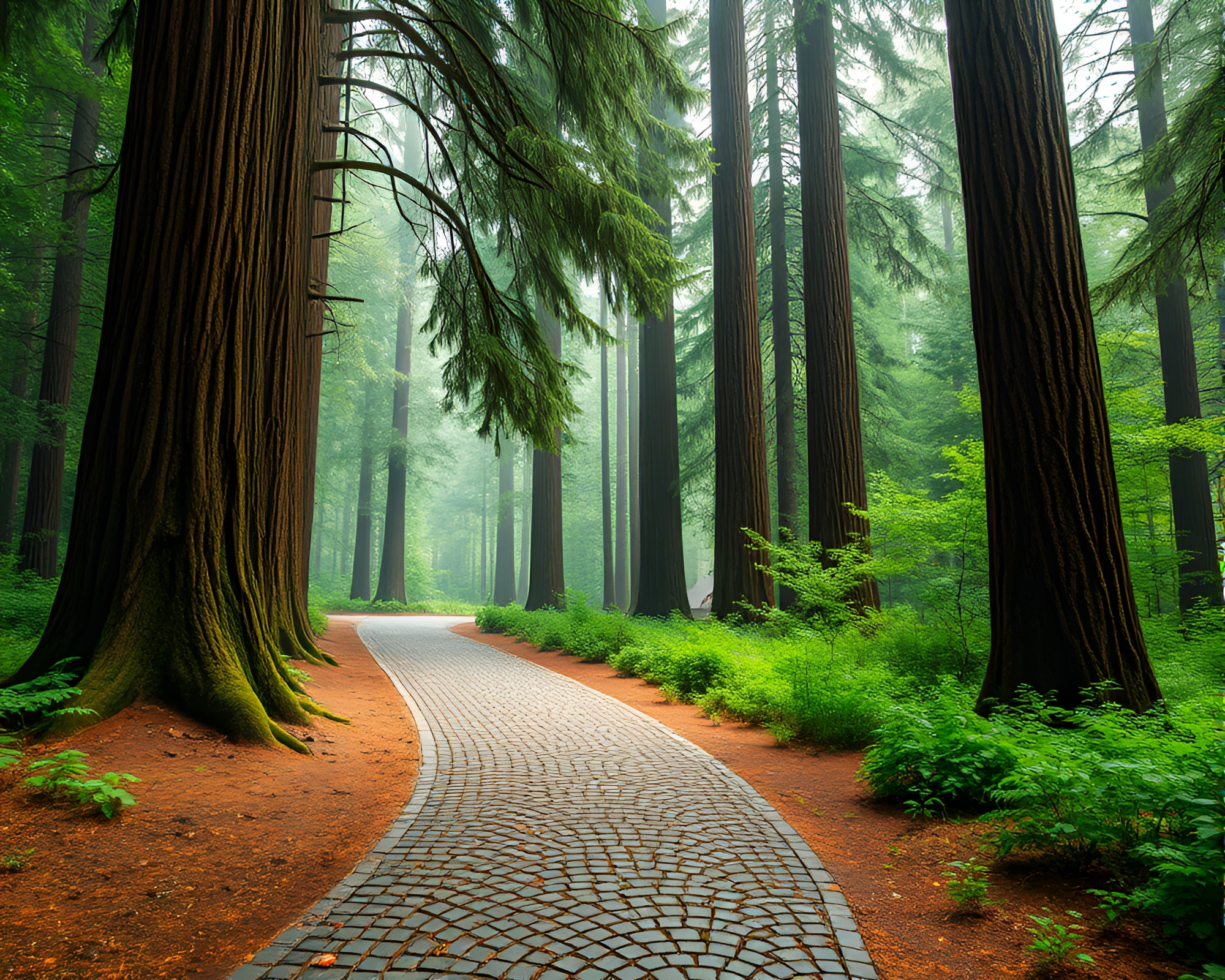 Enchanted Redwood Grove with Cobblestone Path – free AI stock image