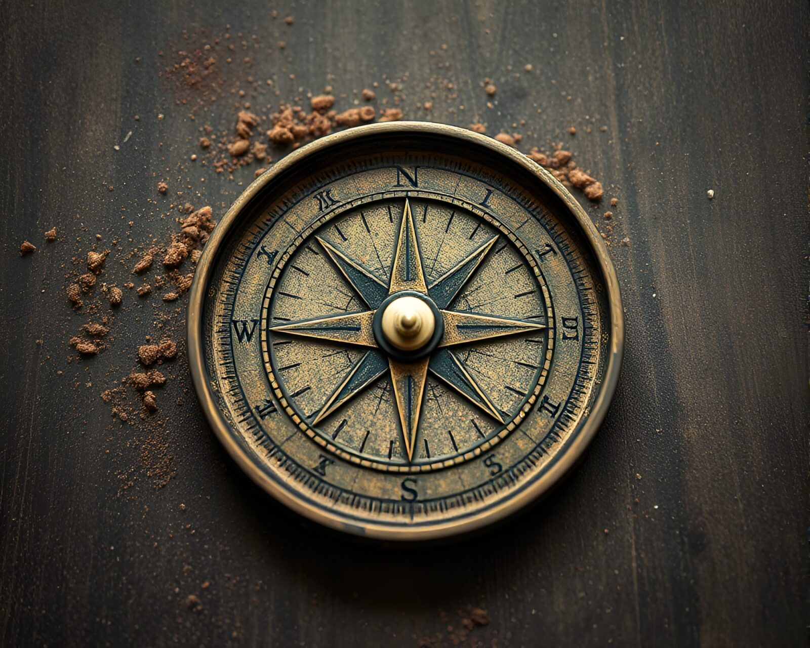 Vintage compass floating in colorful dust cloud with soft light