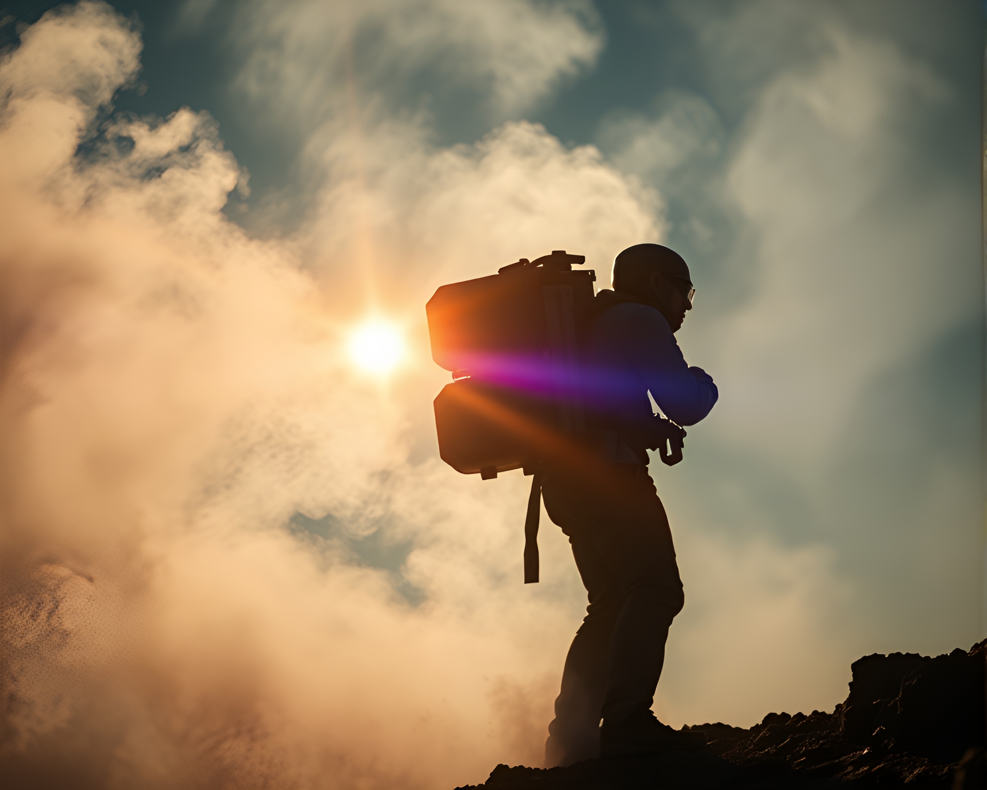 Jetpack Adventure in Volcanic Ash with Lens Flare – free AI stock image