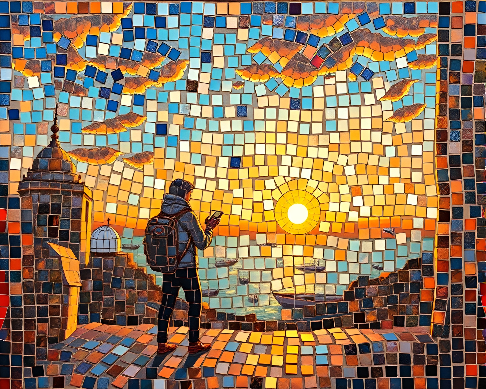 Time Traveler’s Tiled Mosaic Fresco at Dusk – free AI stock image