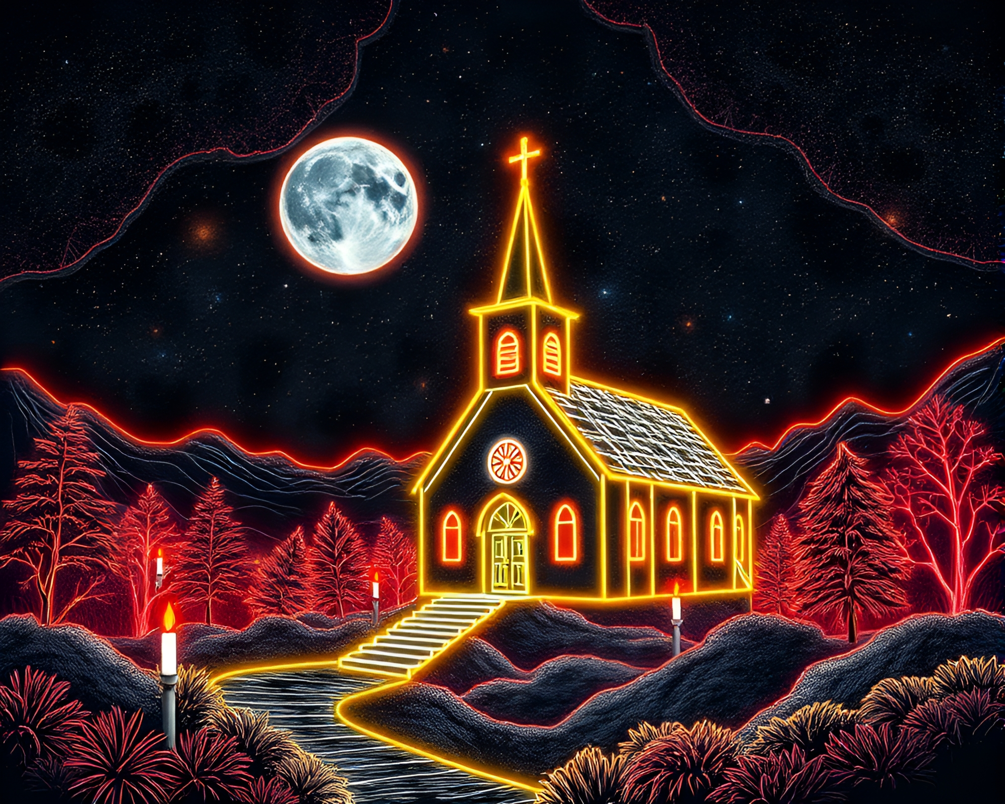 Neon Wireframe Space Habitat in Church Candlelight Glow – free AI stock image