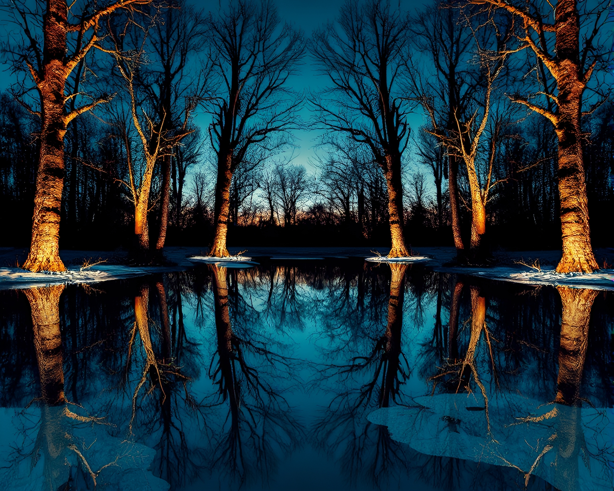 Ancient Grove Double Reflection at Polar Twilight – free AI stock image