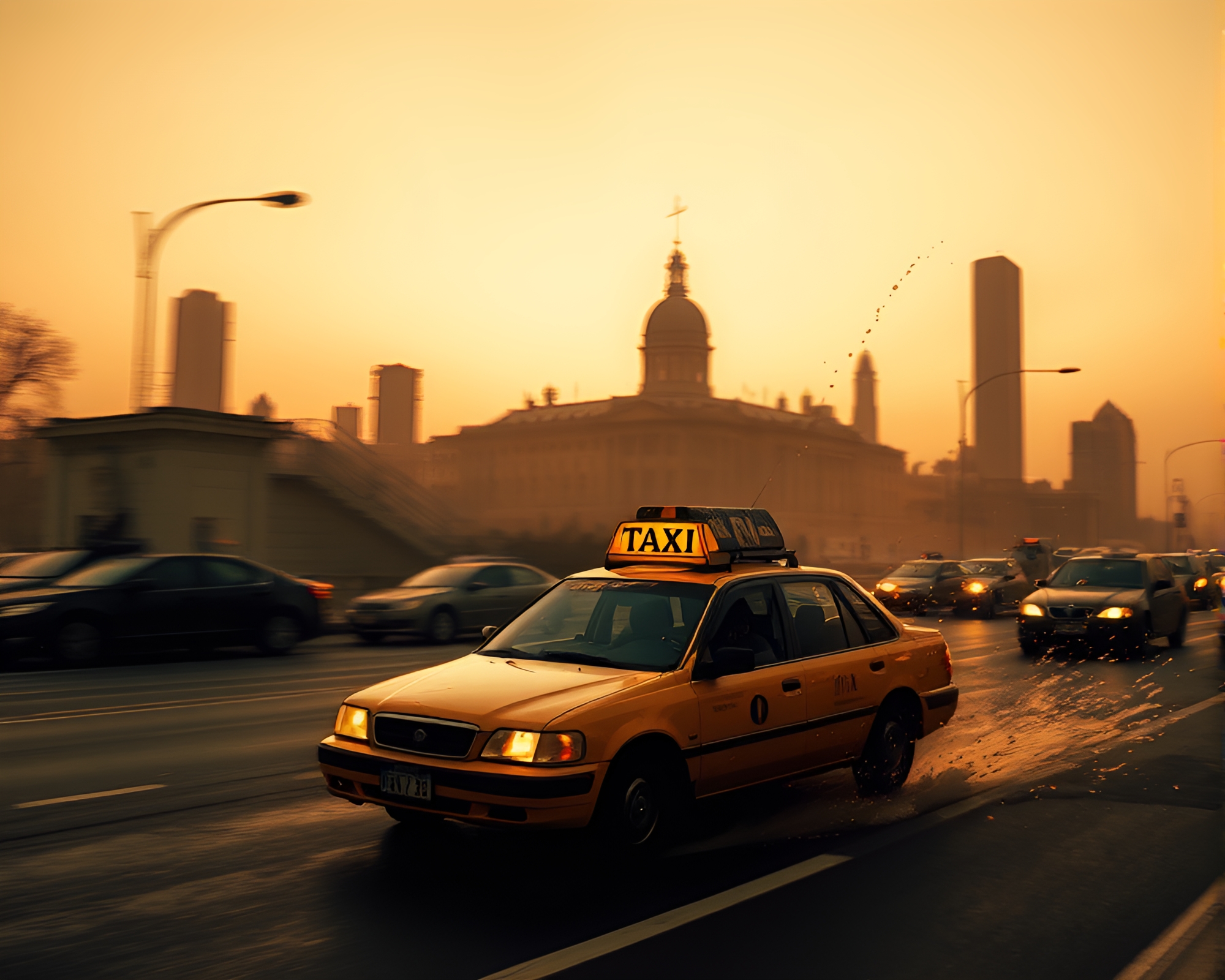 Golden hour hover taxi ink splashes – free AI stock image