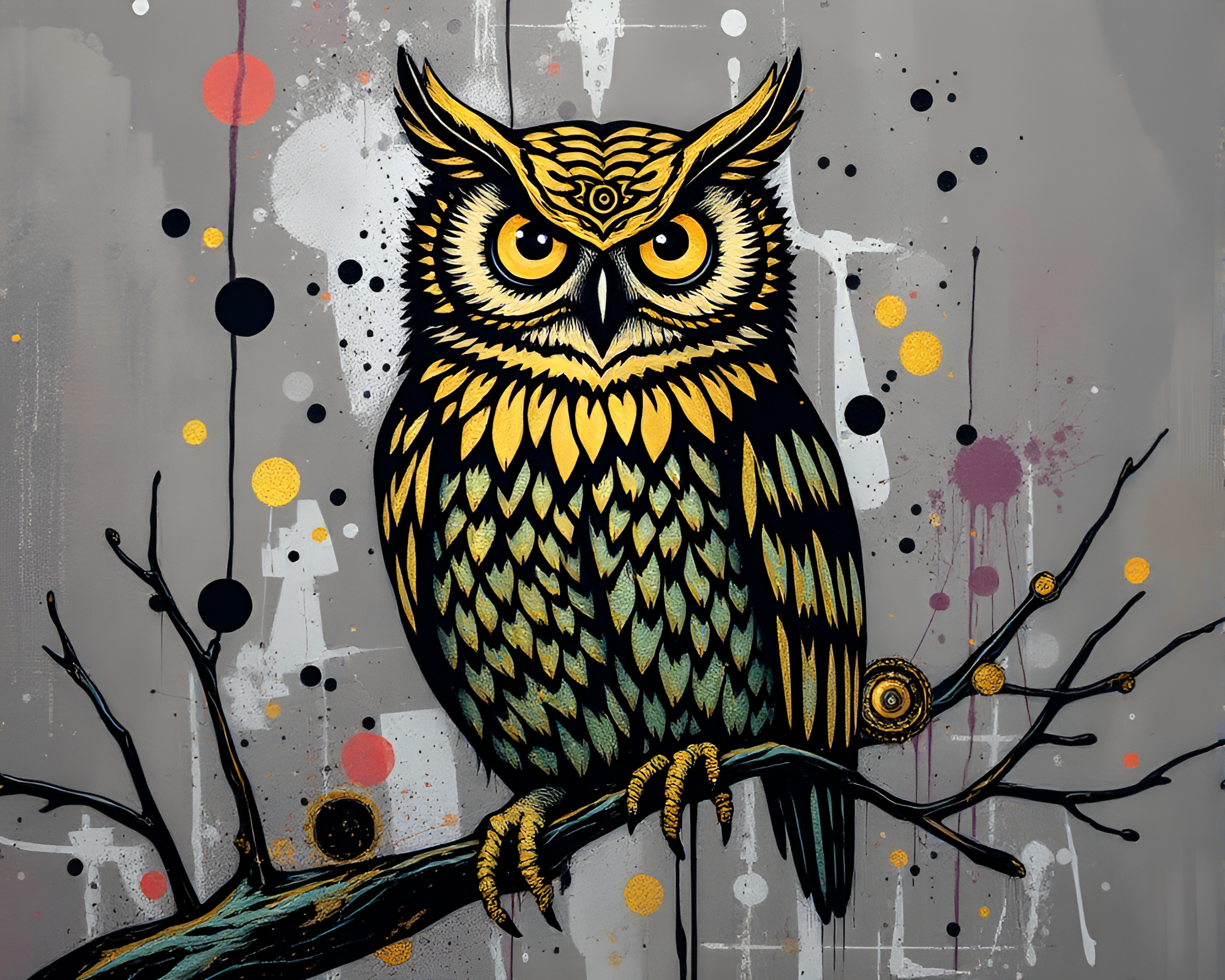 Clockwork Owl in Foil Stamping with Paint Splatter Palette – free AI stock image