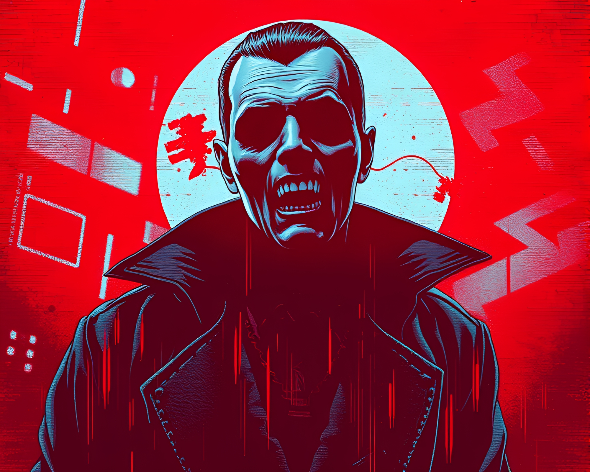 Cyberpunk Vampire Cityscape with Red-Blue Lighting – free AI stock image