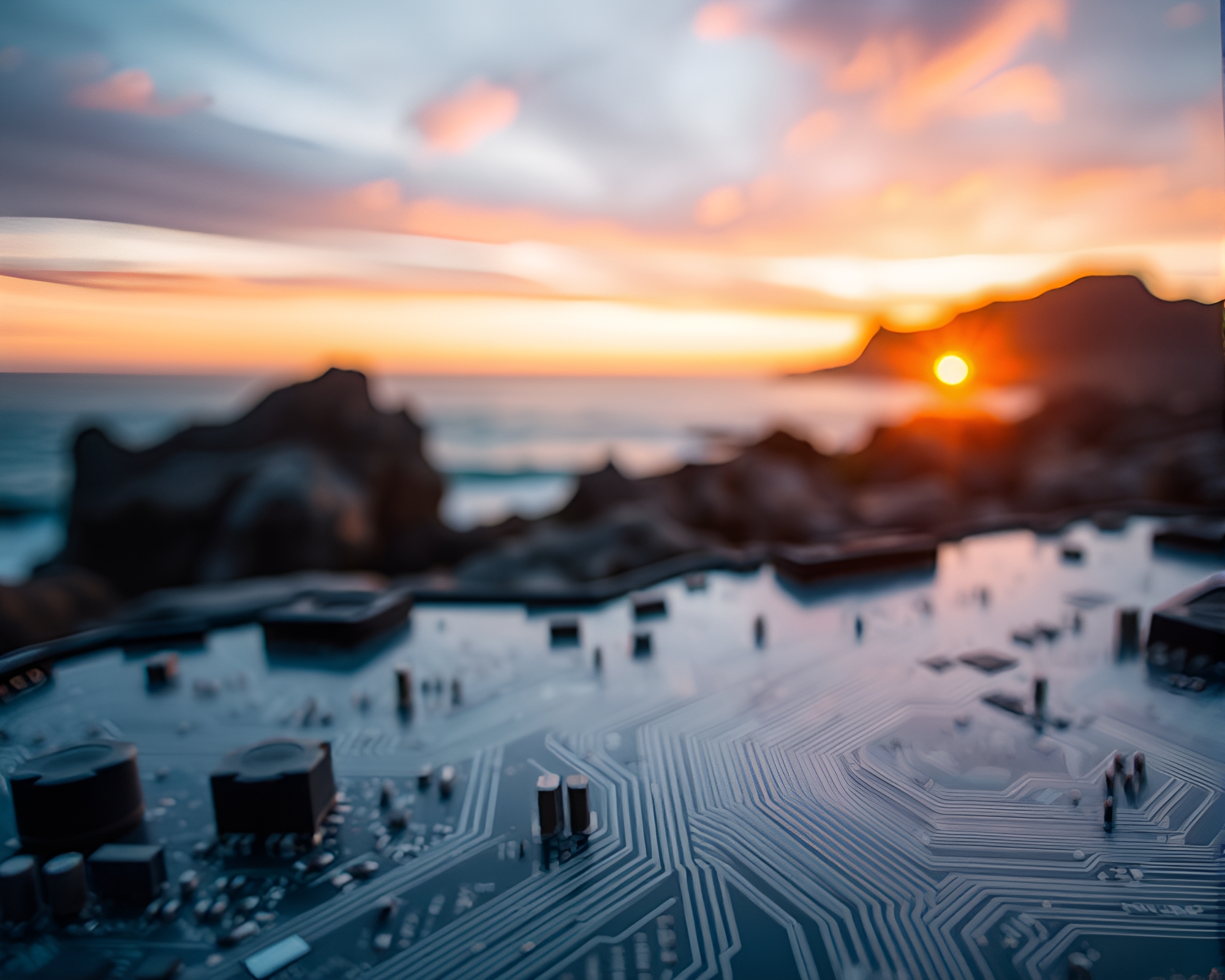 Circuit Board Sunset Over Rocky Coastline – free AI stock image