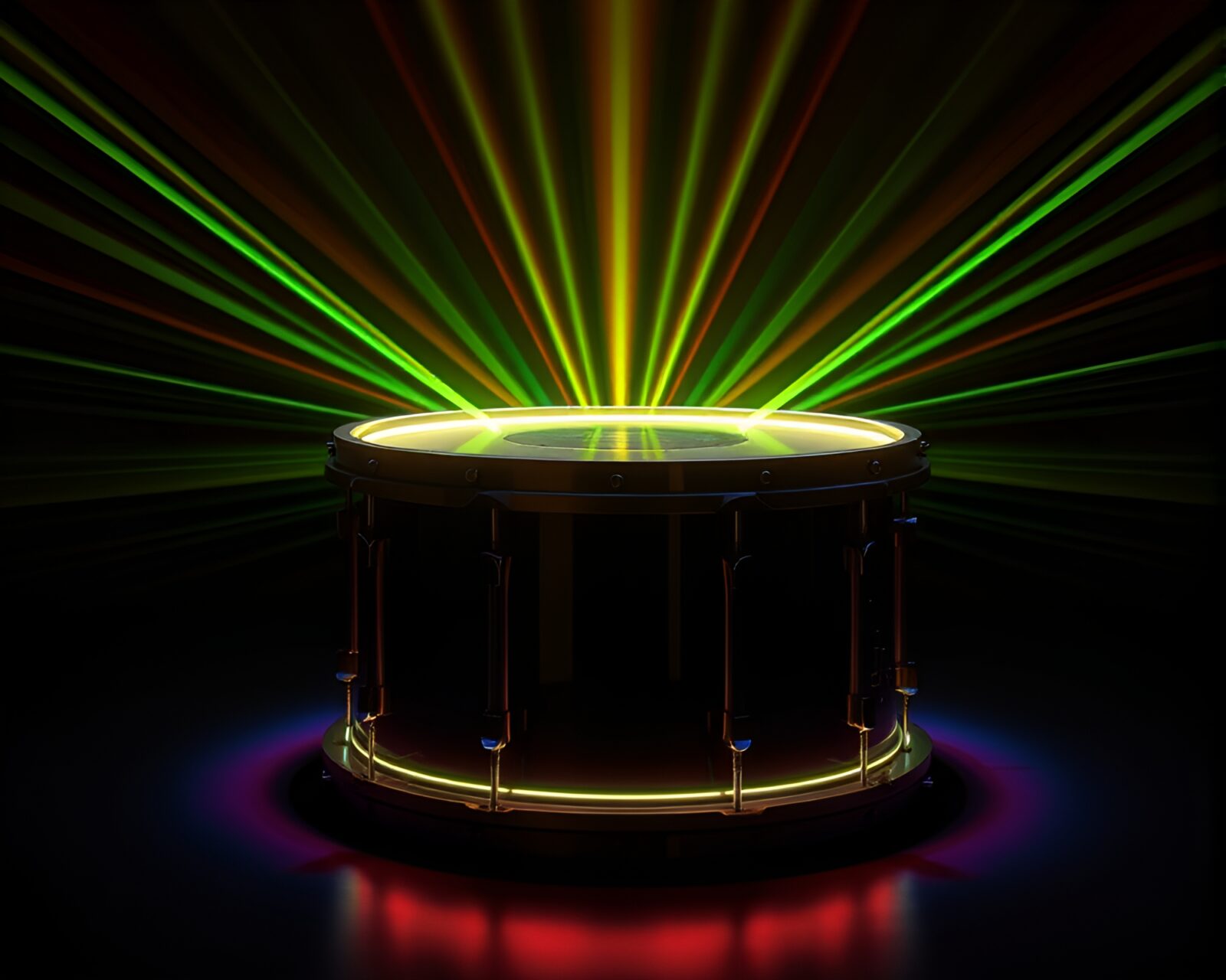 Skeuomorphic design with rim lighting laser beams on drummer.