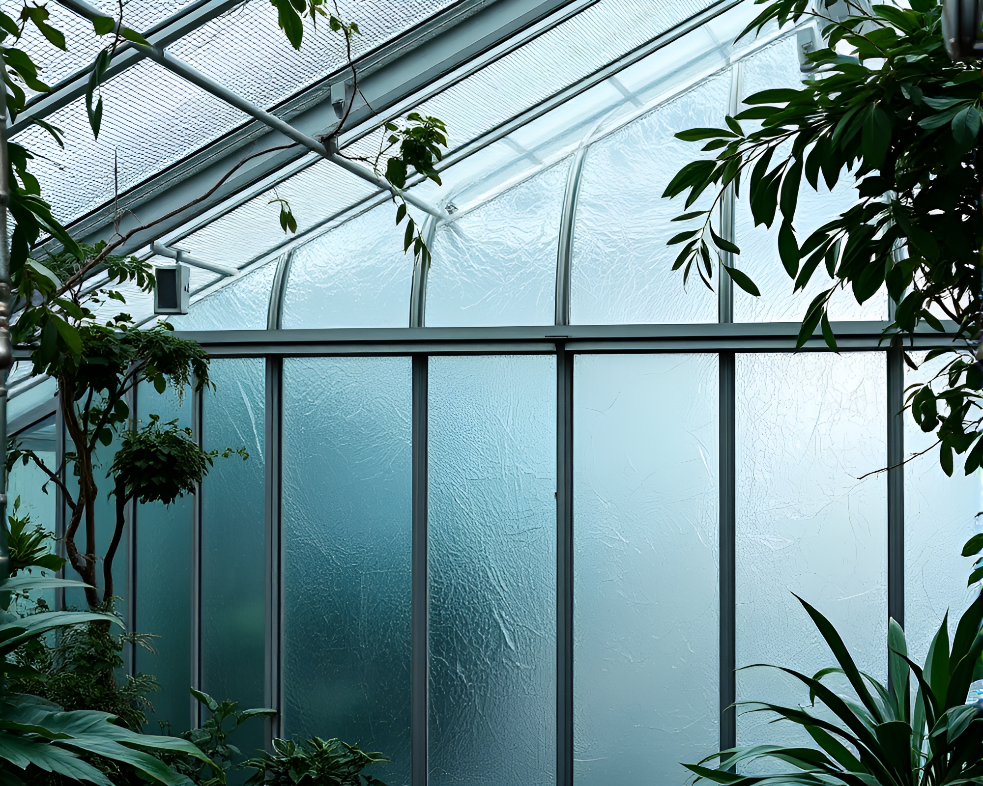 Glass Greenhouse with Silver Leaf Accents in Jewel Tones – free AI stock image